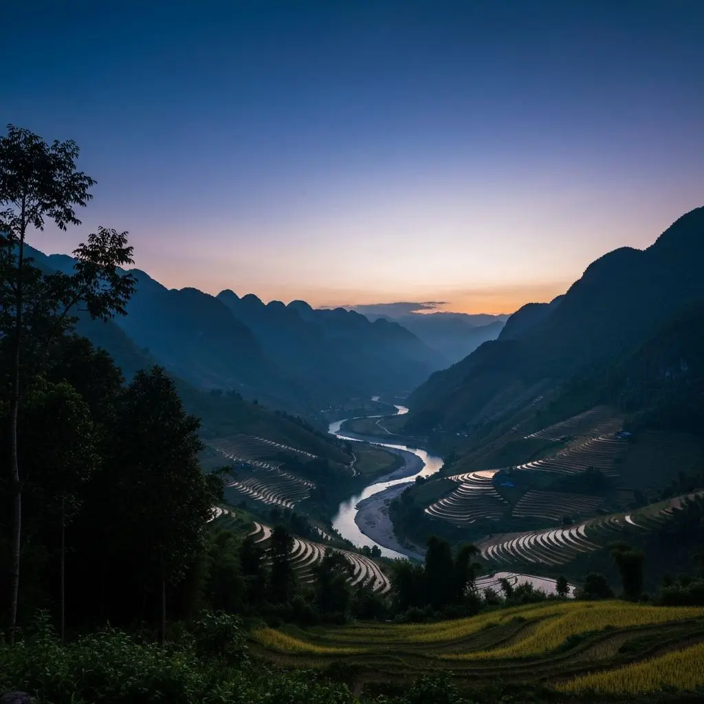 Ha Giang valley landscape at dusk with mountains and river